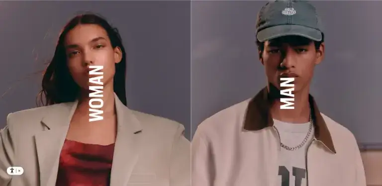 Pull & Bear website screenshot showing "Woman" and "Man" options to start shopping.