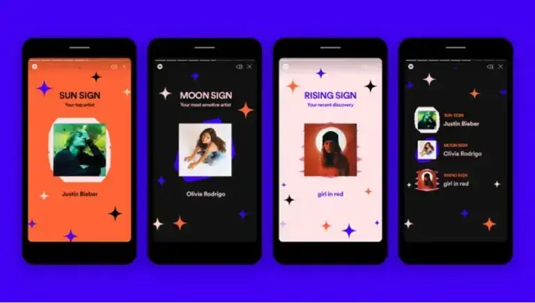 Spotify screenshots on mobile devices showing personalized playlists based on astrological signs.
