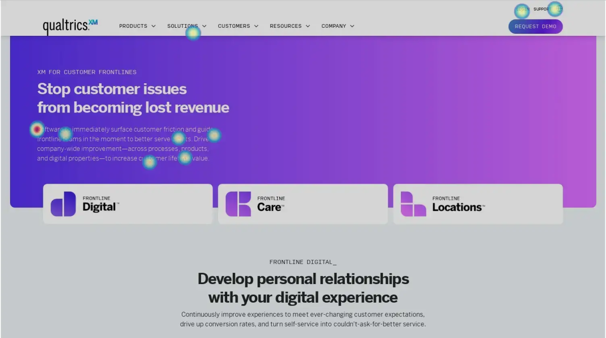Website click heatmap example using Qualtrics XM for Customer Experience webpage.