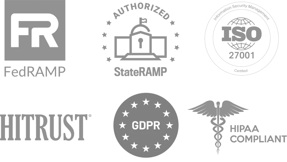 A graphic with some of the certifications from the XM Platform: HIPAA, ISO 27001, FedRAMP, GDPR, and HITRUST