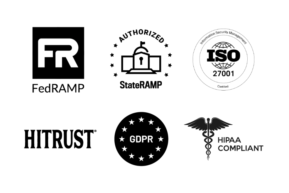 Logos of certifications to show FedRAMP, StateRAMP, ISO, HITRUST GDPR, and HIPAA compliancy