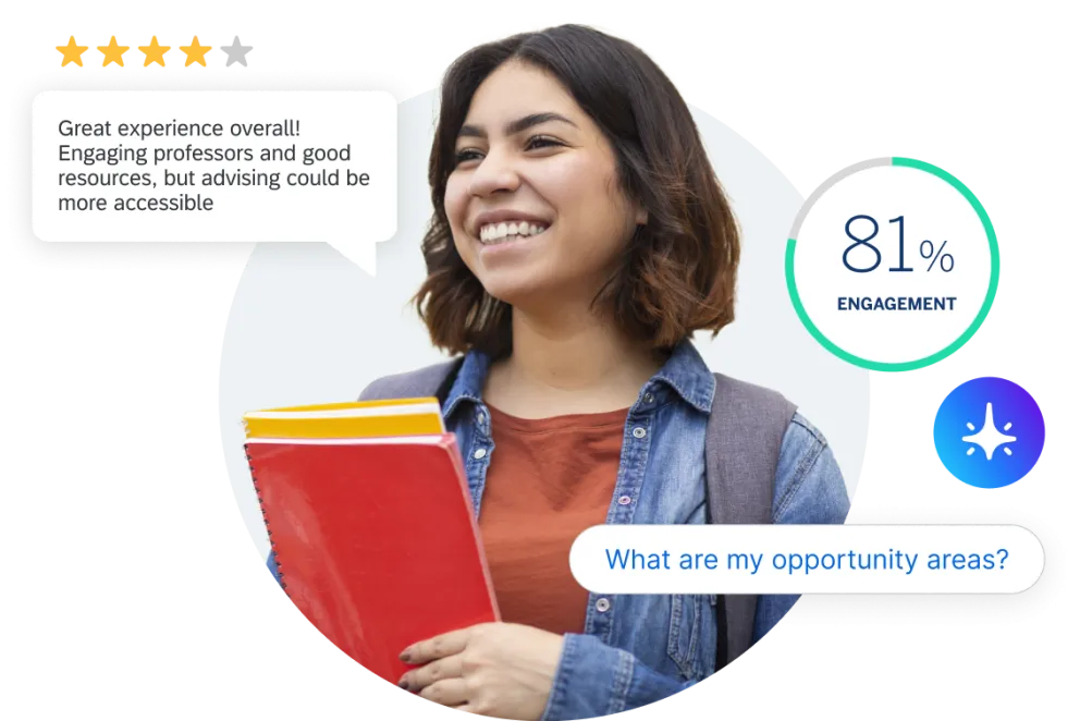 Student carrying notebooks and backpack alongside four star review and 81% engagement score.