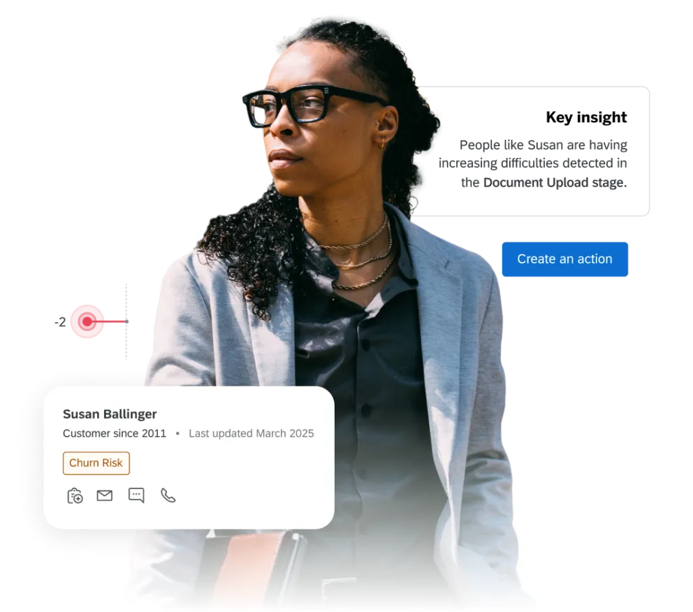 Business professional walking with callouts of insights regarding churn risk