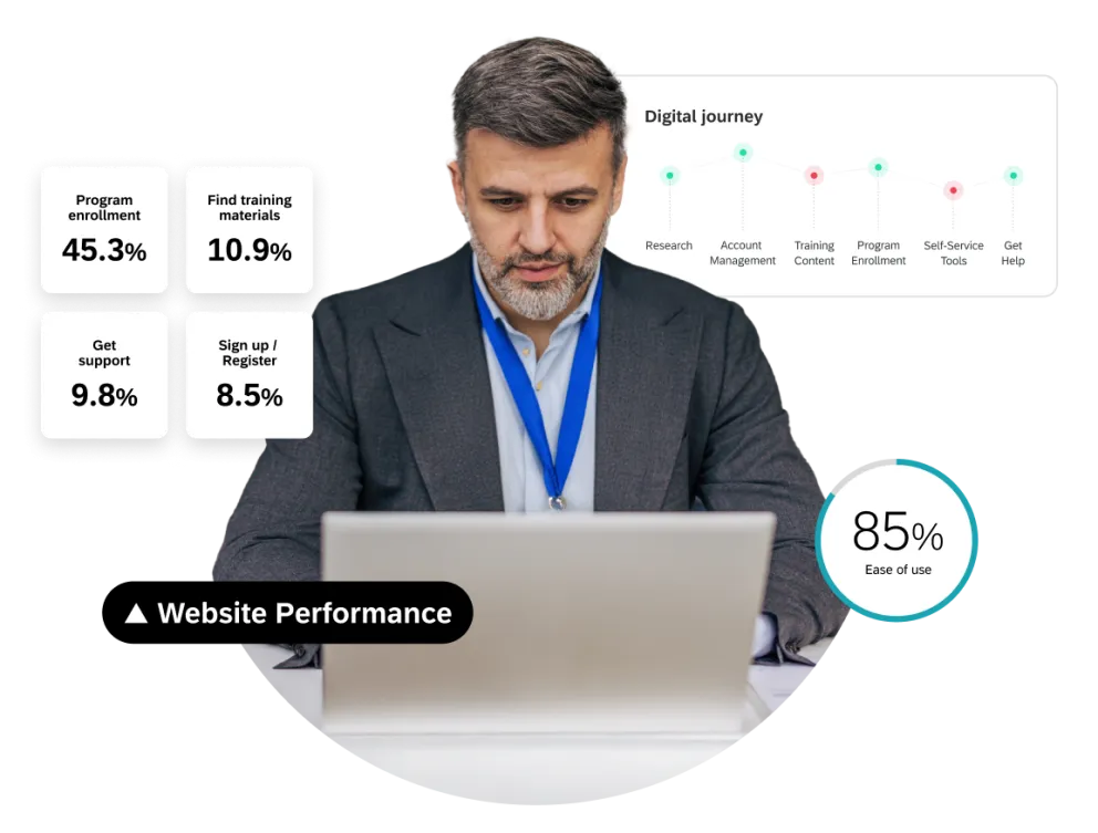 Employee checking website performance on his laptop