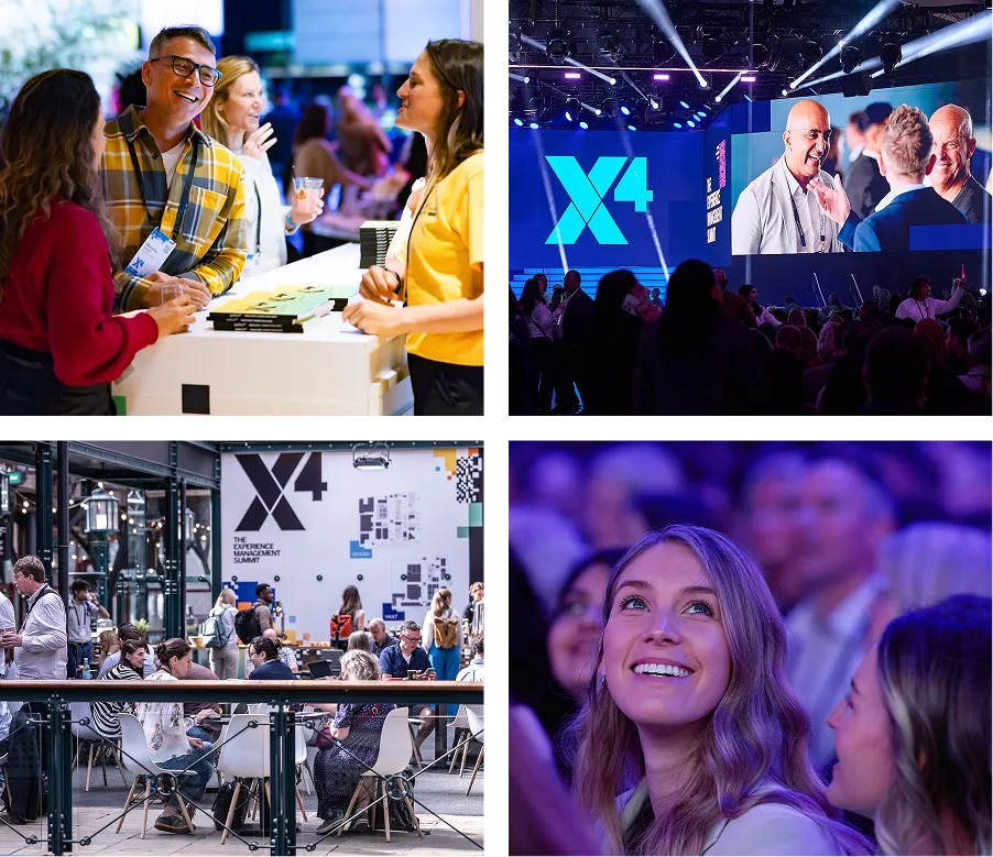 Collage of four business event scenes: networking conversations, conference presentation, exhibition booth, and engaged audience members