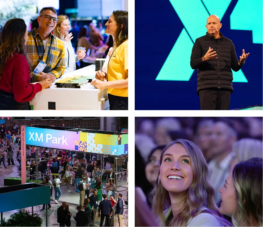Collage of four X4 conference images showing attendee networking, keynote speaker presenting, XM Park exhibition area, and engaged audience members