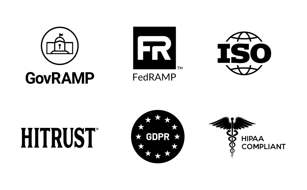Security and compliance certification logos including GovRAMP, FedRAMP, ISO, HITRUST, GDPR, and HIPAA Compliant