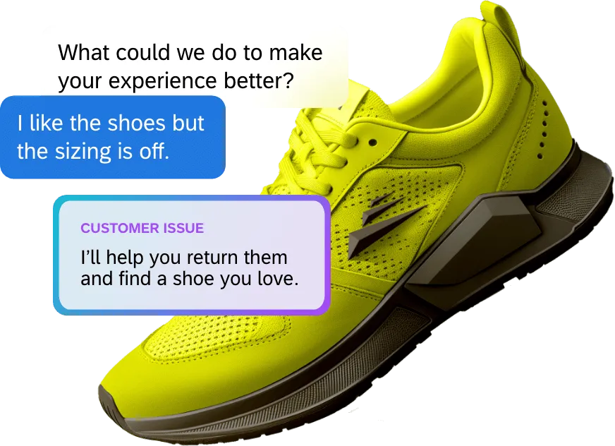 A shoe with a graphic of a customer exchange about solving problems with sizing
