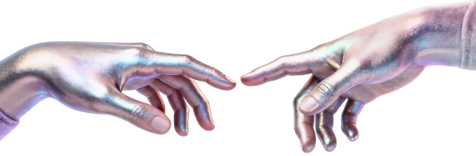 Two AI generated silver colored hands reaching out to each other