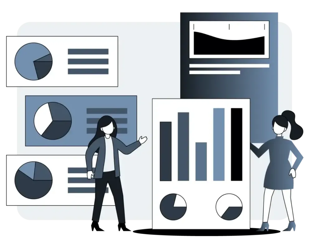 An illustration depicting two people looking at graphs.