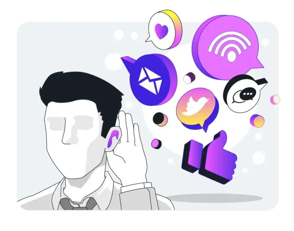 An illustration depicting a man listening to different social media messages