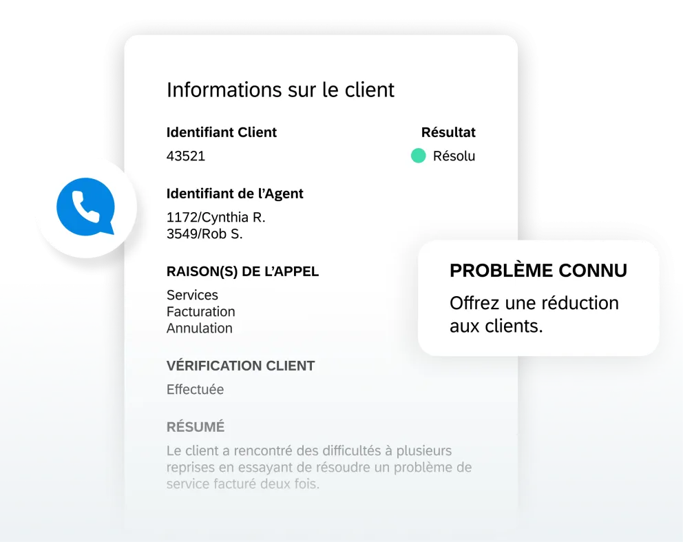Profil du client avec l'action et le statut de résolution des problèmes connus