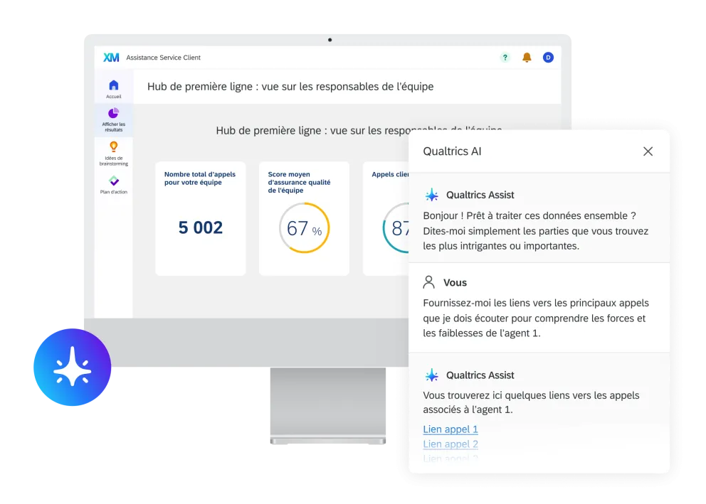 Tableau de bord des résultats de Qualtrics Assist avec chat de l'IA de Qualtrics