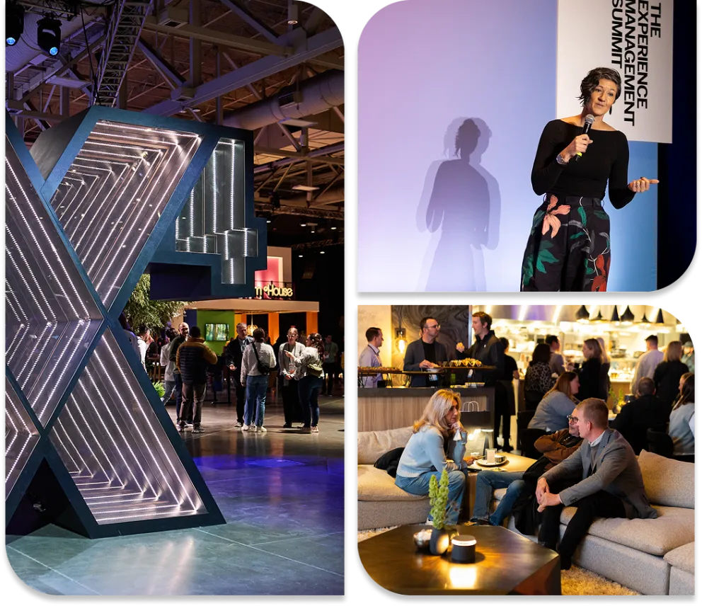 X4 Summit conference scenes showing venue entrance, keynote presentation, and attendee networking