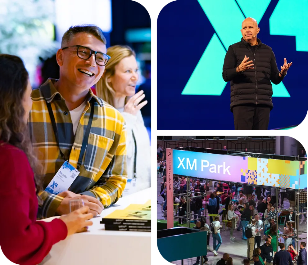 Three images in a tile of X4 attendees networking at the conference