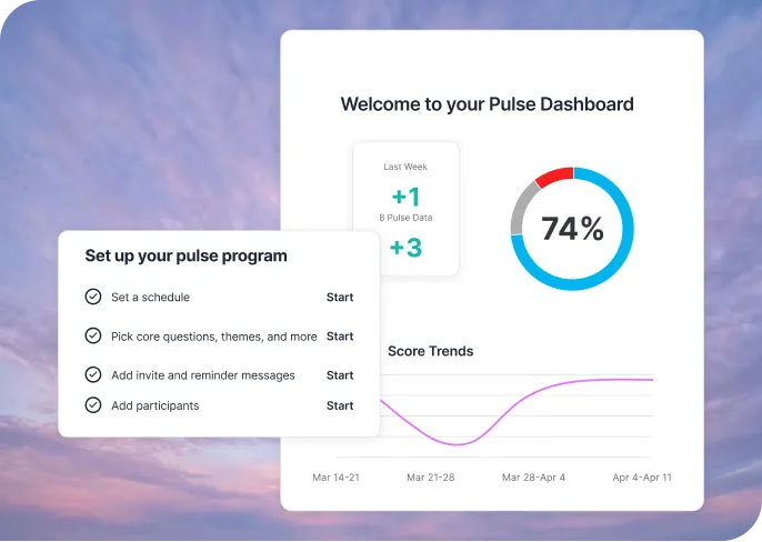 Qualtrics Pulse Dashboard showing a 74% score with an upward trend, alongside a four-step program setup checklist.