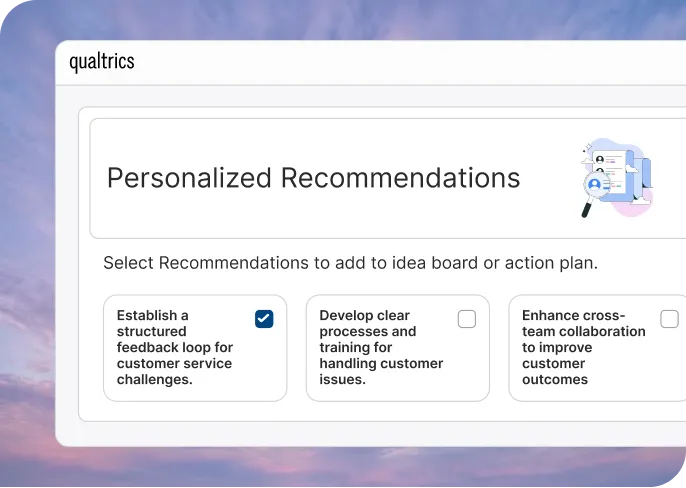 Qualtrics personalized recommendations interface showing three selectable action items for improving customer service, with one already checked.