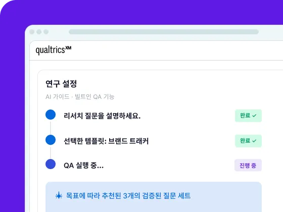 Qualtrics XM 연구 설정 화면: AI 가이드로 브랜드 트래커 템플릿 선택 완료, QA 실행 중 및 검증된 질문 3세트 추천.