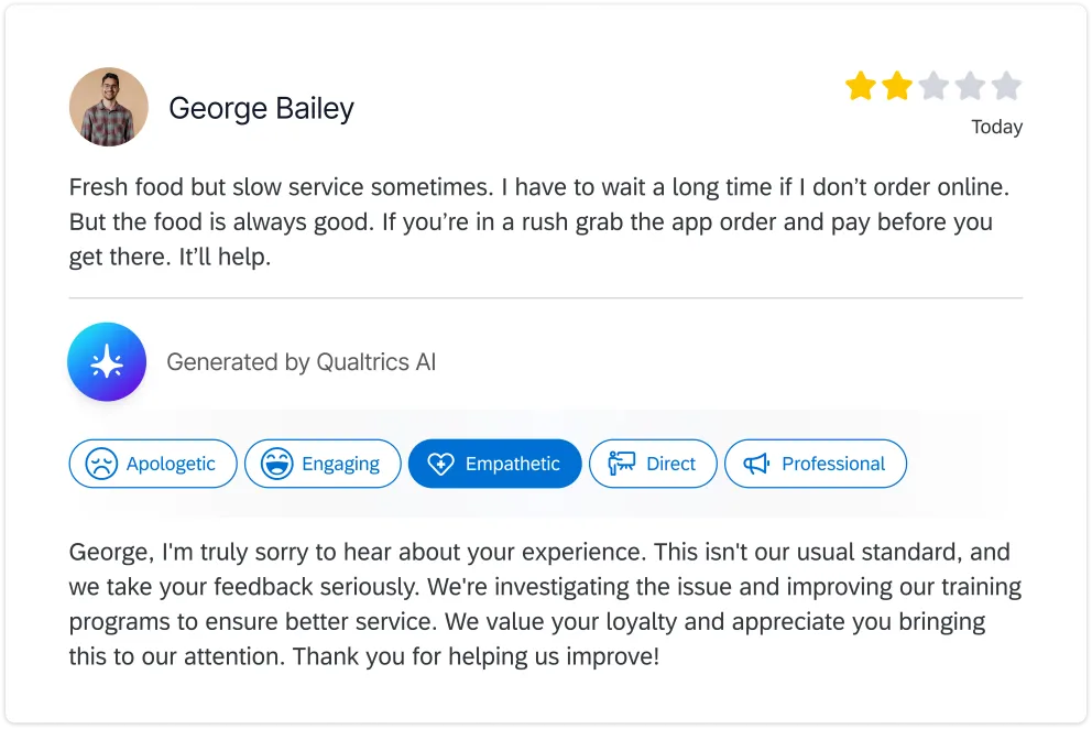 A chat between a customer and a Qualtrics AI agent.