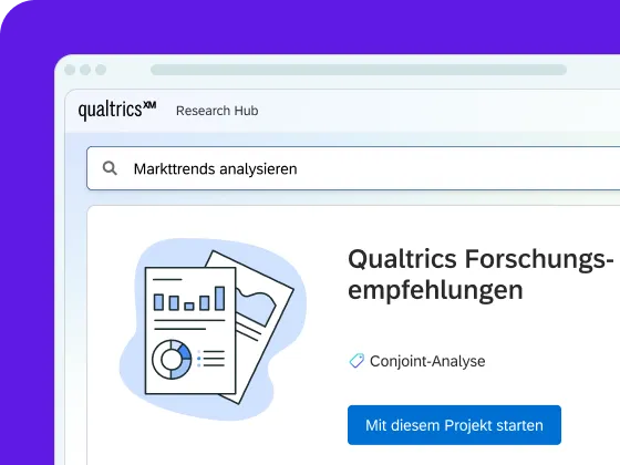 Ein Screenshot einer digitalen Benutzeroberfläche auf violettem Hintergrund, der den Qualtrics XM Research Hub mit einer Suchleiste für „Markttrends analysieren“ über einem Bereich mit dem Titel „Qualtrics Forschungsempfehlungen“ zeigt.