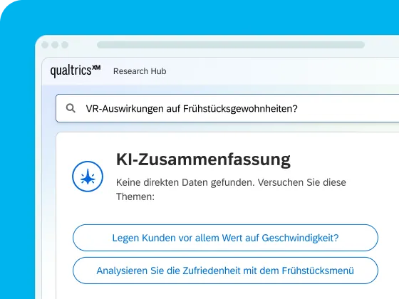 Ein Screenshot einer digitalen Benutzeroberfläche auf hellblauem Hintergrund, der den Qualtrics XM Research Hub mit einer Suchleiste für „VR-Auswirkungen auf Frühstücksgewohnheiten?“ über einem KI-Zusammenfassungsbereich mit dem Titel „KI-Zusammenfassung“ zeigt.