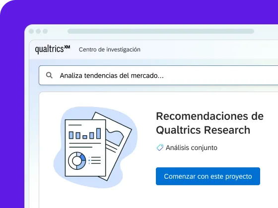 Un screenshot d'una interface digital sobre fons morat, que mostra el Qualtrics XM Centro de investigación amb una barra de cerca que conté «Analiza tendencias del mercado...» per sobre d'una secció titulada «Recomendaciones de Qualtrics Research».