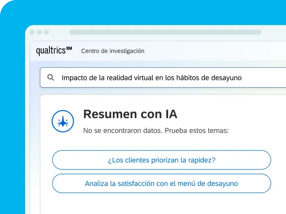 Un screenshot de una interfaz digital sobre un fondo azul claro, que muestra el Qualtrics XM Centro de investigación con una barra de búsqueda que contiene «Impacto de la realidad virtual en los hábitos de desayuno» por encima de una sección de resumen por IA titulada «Resumen con IA».