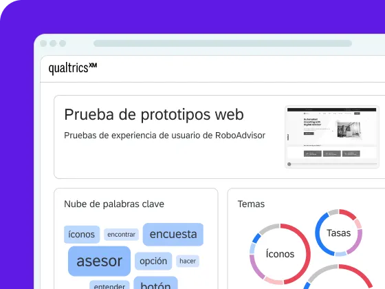 Una captura de pantalla de una interfaz digital bajo Qualtrics XM titulada „Prueba de prototipos web”. Abajo, un panel muestra una „Nube de palabras clave” con términos como asesor, encuesta e íconos, junto a una sección de „Temas” con gráficos de dona para Íconos y Tasas.