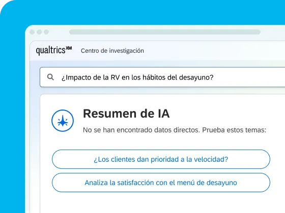 Un screenshot de una interfaz digital sobre un fondo azul claro, que muestra el Qualtrics XM Centro de investigación con una barra de búsqueda que contiene «¿Impacto de la RV en los hábitos del desayuno?» por encima de una sección de resumen de IA titulada «Resumen de IA».