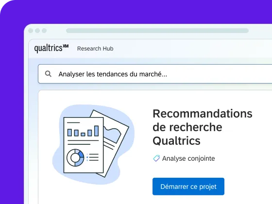 Un screenshot d'une interface numérique sur fond violet, montrant le Qualtrics XM Research Hub avec une barre de recherche contenant « Analyser les tendances du marché... » au-dessus d'une section intitulée « Recommandations de recherche Qualtrics ».