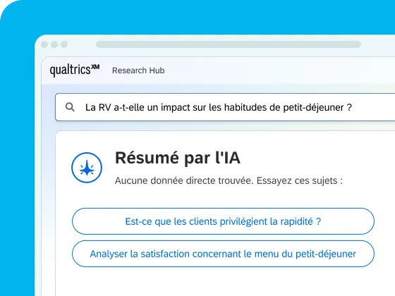 Un screenshot d'une interface numérique sur fond bleu clair, montrant le Qualtrics XM Research Hub avec une barre de recherche contenant « La RV a-t-elle un impact sur les habitudes de petit-déjeuner ? » au-dessus d'une section de résumé par l'IA intitulée « Résumé par l'IA ».