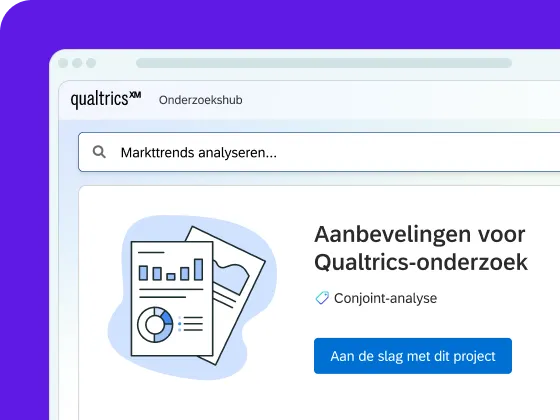 Een screenshot van een digitale interface op een paarse achtergrond, die de Qualtrics XM Onderzoekshub toont met een zoekbalk die is ingevuld met „Markttrends analyseren...” boven een sectie met de titel „Aanbevelingen voor Qualtrics-onderzoek”.