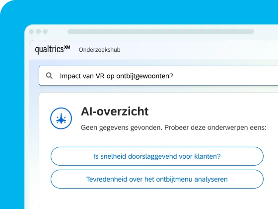 Een screenshot van een digitale interface op een lichtblauwe achtergrond, die de Qualtrics XM Onderzoekshub toont met een zoekbalk die is ingevuld met „Impact van VR op ontbijtgewoonten?” boven een AI-samenvattingssectie met de titel „AI-overzicht”.