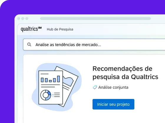 Um screenshot de uma interface digital sobre um fundo roxo, mostrando o Qualtrics XM Hub de Pesquisa com uma barra de pesquisa contendo «Analise as tendências de mercado...» acima de uma seção intitulada «Recomendações de pesquisa da Qualtrics».