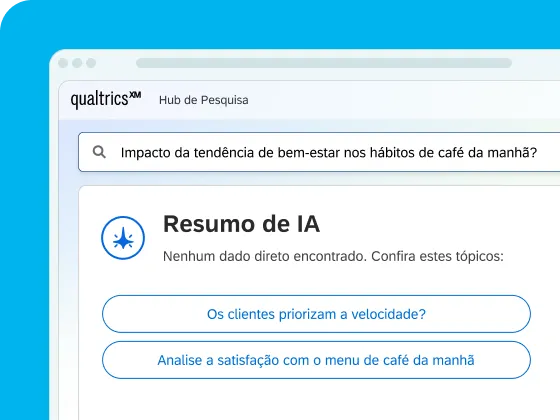 Um screenshot de uma interface digital sobre um fundo azul claro, mostrando o Qualtrics XM Hub de Pesquisa com uma barra de pesquisa contendo «Impacto da tendência de bem-estar nos hábitos de café da manhã?» acima de uma seção de resumo de IA intitulada «Resumo de IA».