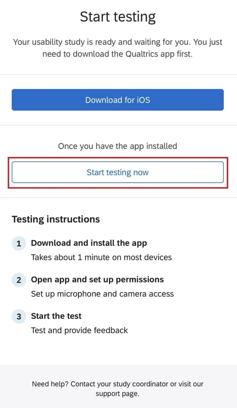 start testing button within an unmoderated user testing survey