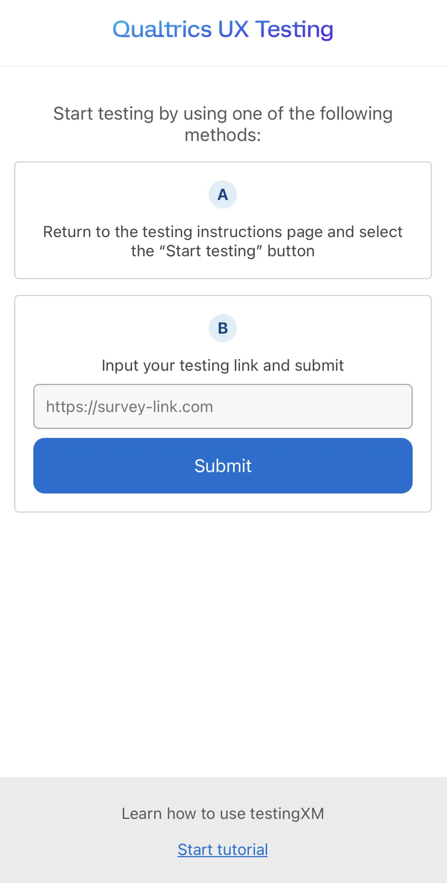 screen within the app where you can input a survey link to start testing