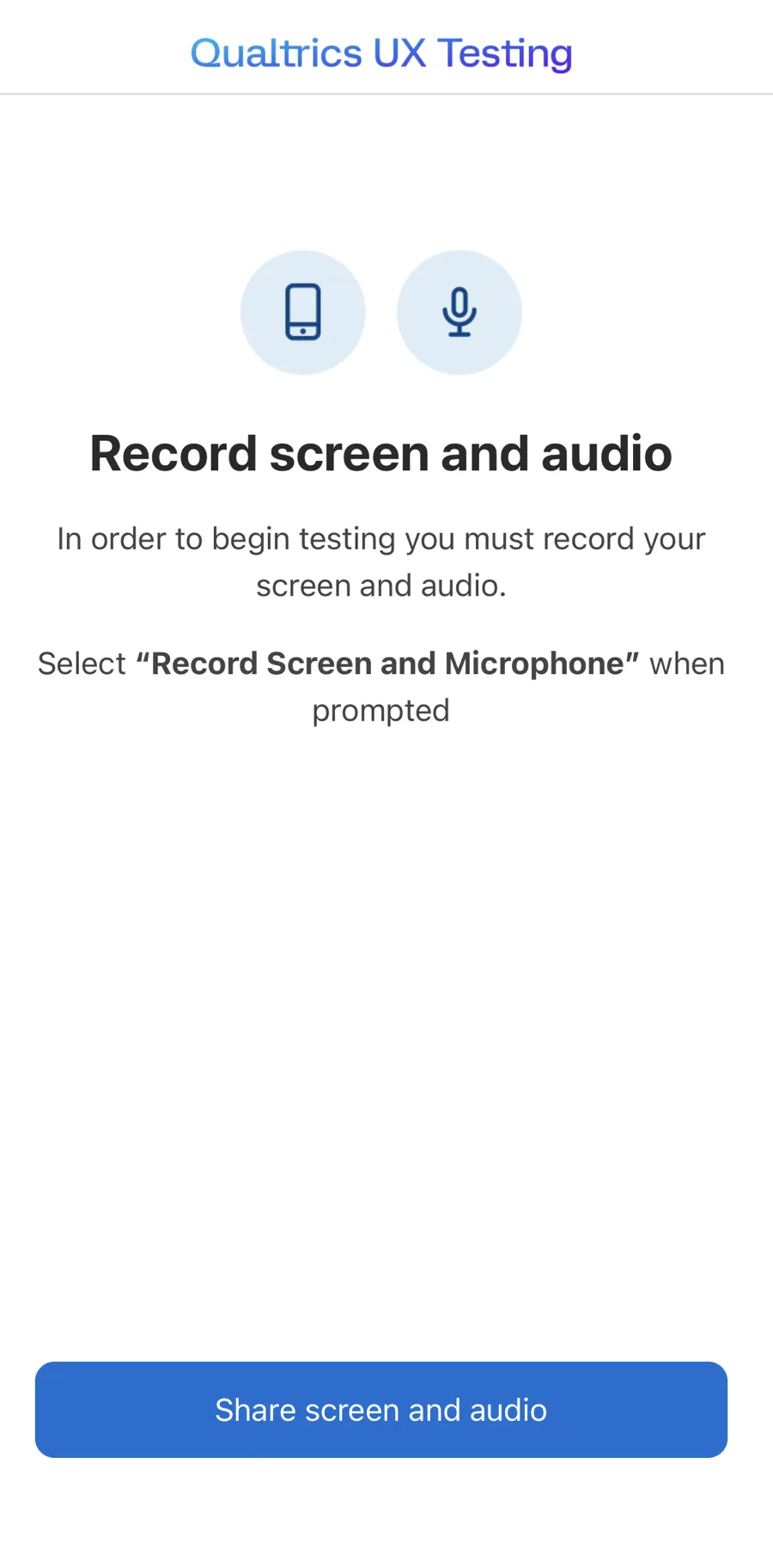 screen within the app where you can grant permissions to record screen and audio, "record screen and audio" button at the bottom