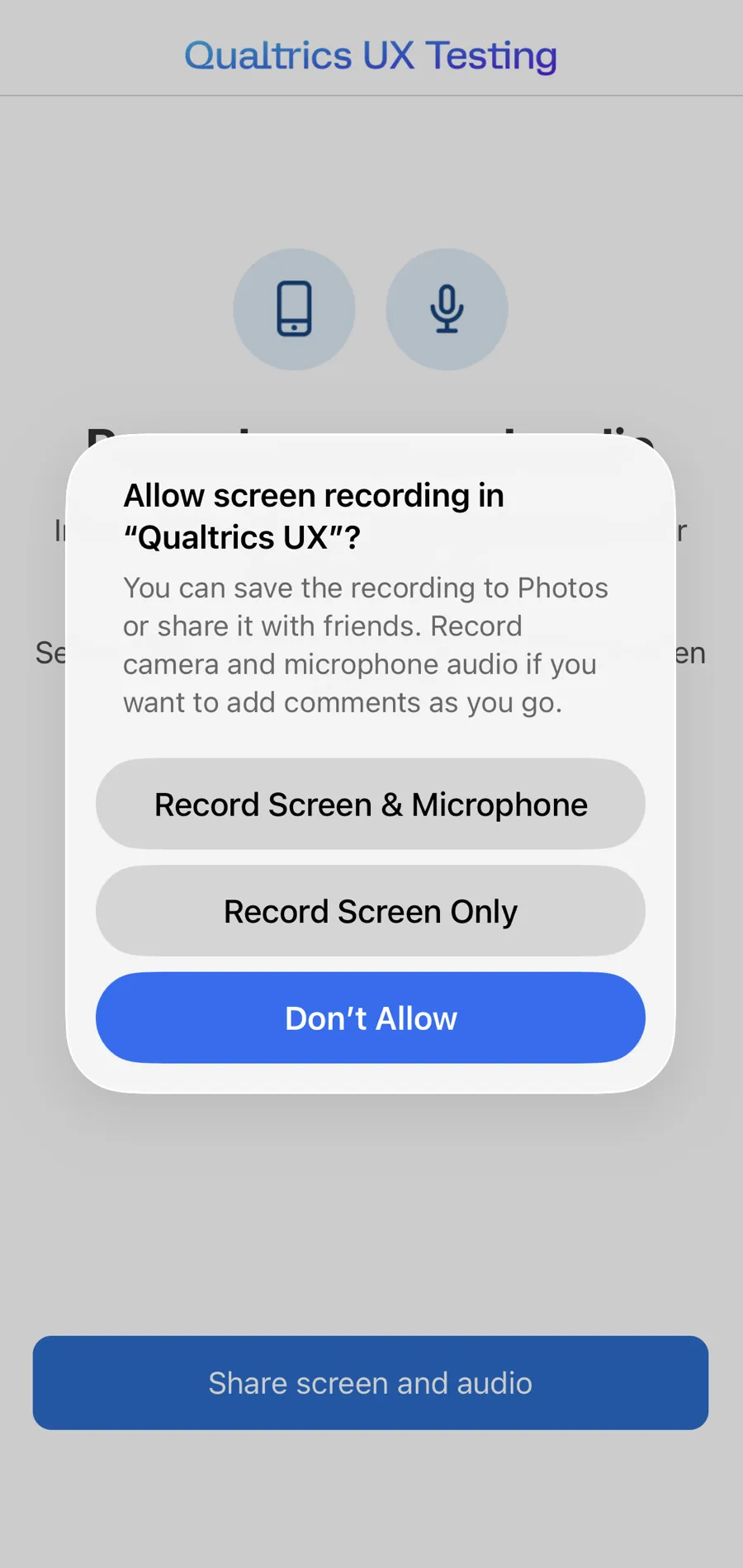 phone pop-up over the app screen with permission buttons to allow screen recording and audio recording 