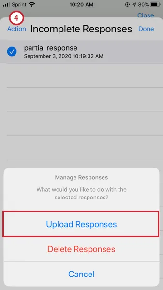 uploading a partial response. the upload responses option is visible after tapping actions