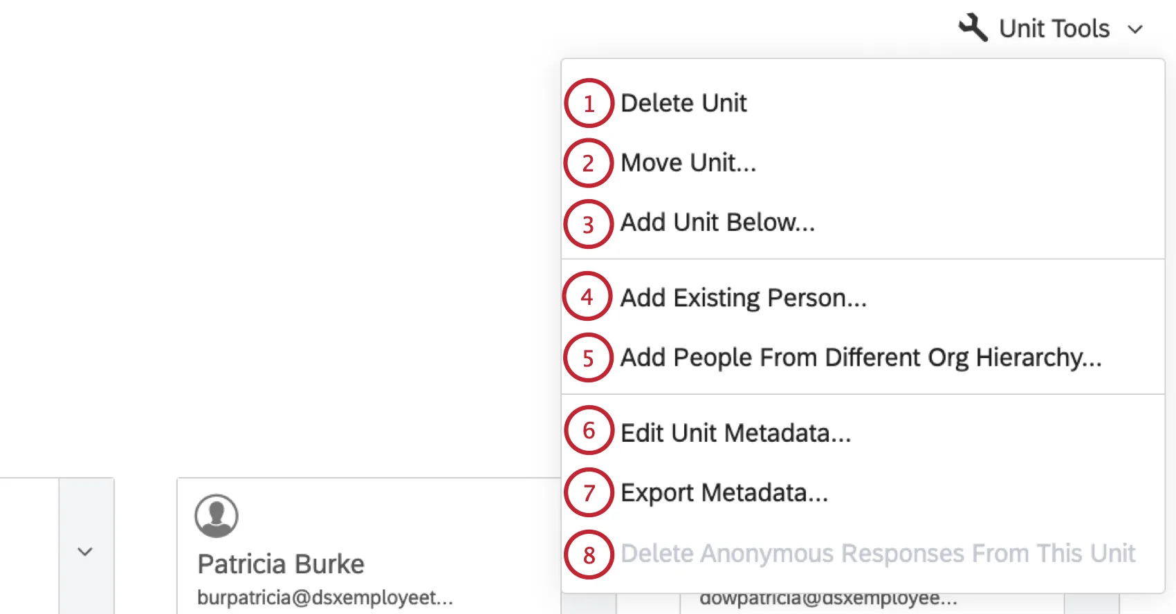 the Unit Tools menu expanded to show all options