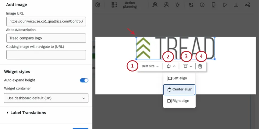 numbered screenshot showing the options that appear when you click on the image and not just the editor to the left