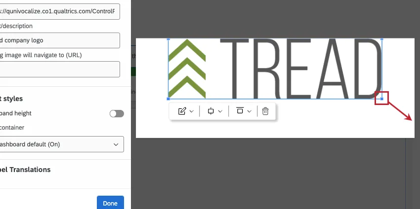 corner of image highlighted and an arrow showing you can drag to resize