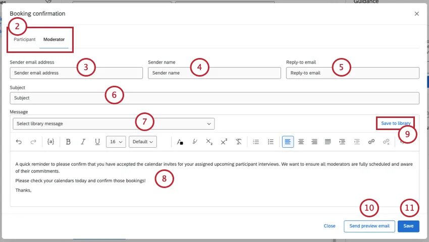 email editor where you add email address, subject, and message, with a tab for participant vs. moderator emails