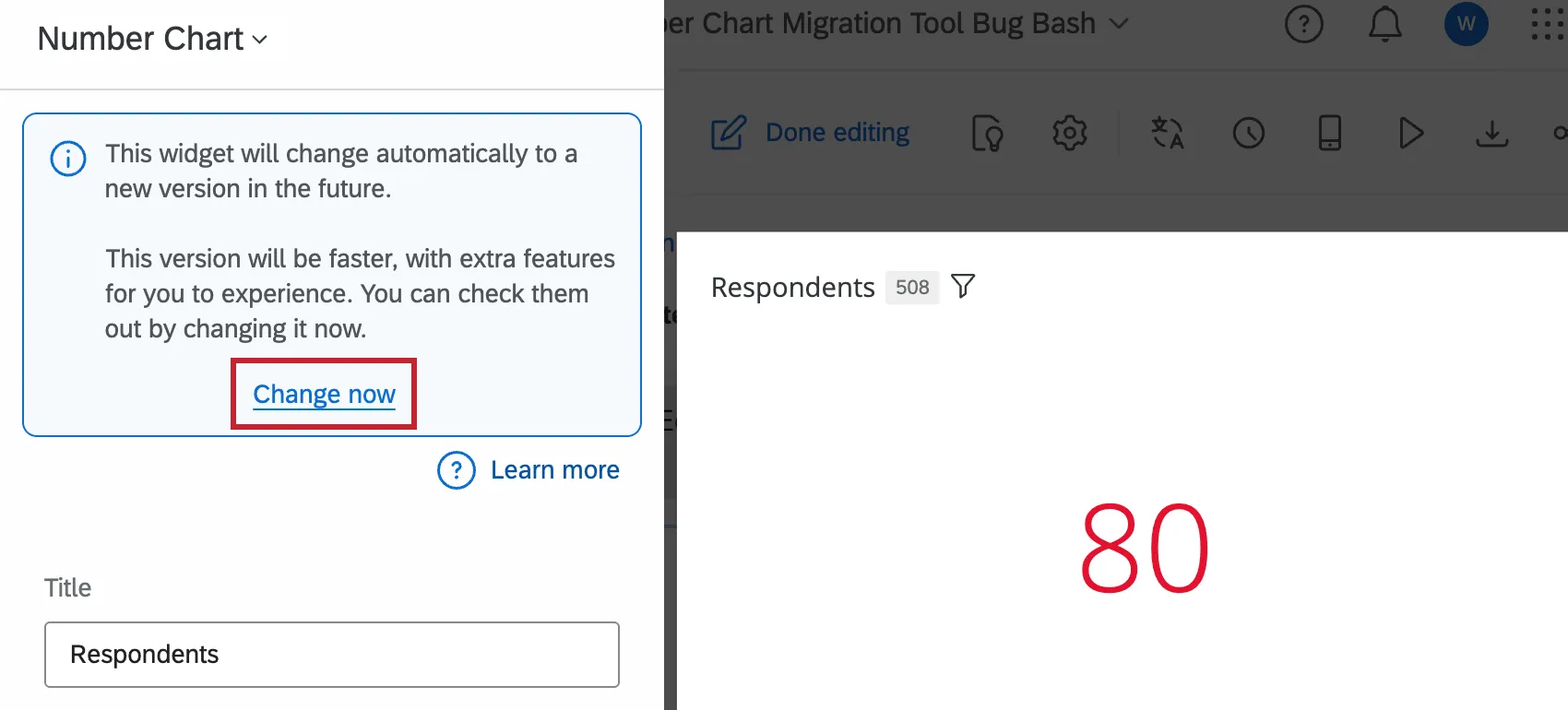 "Change now" text highlighted when a legacy number chart widget is being edited in a dashboard