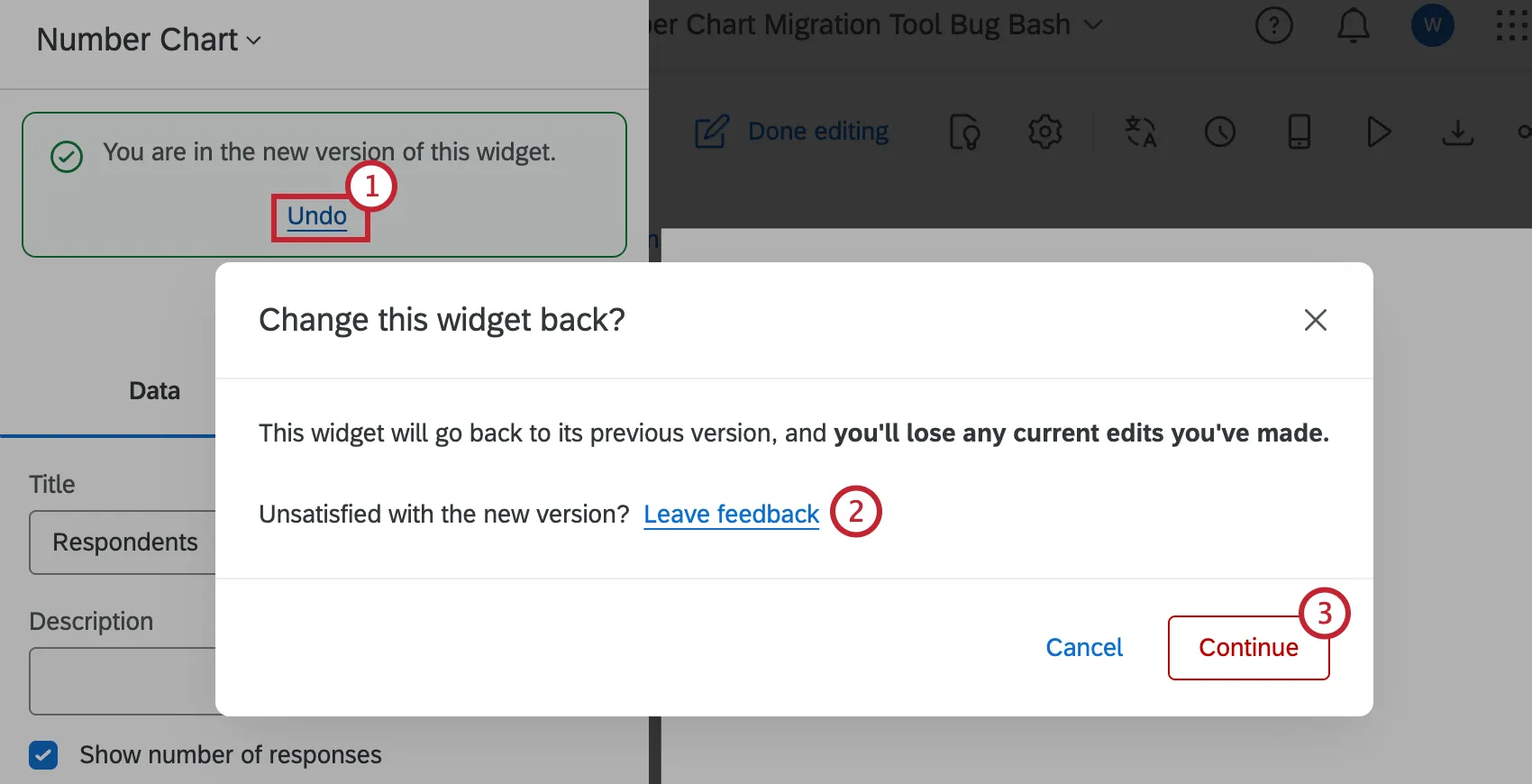 step by steps for reverting a number chart widget to the legacy version