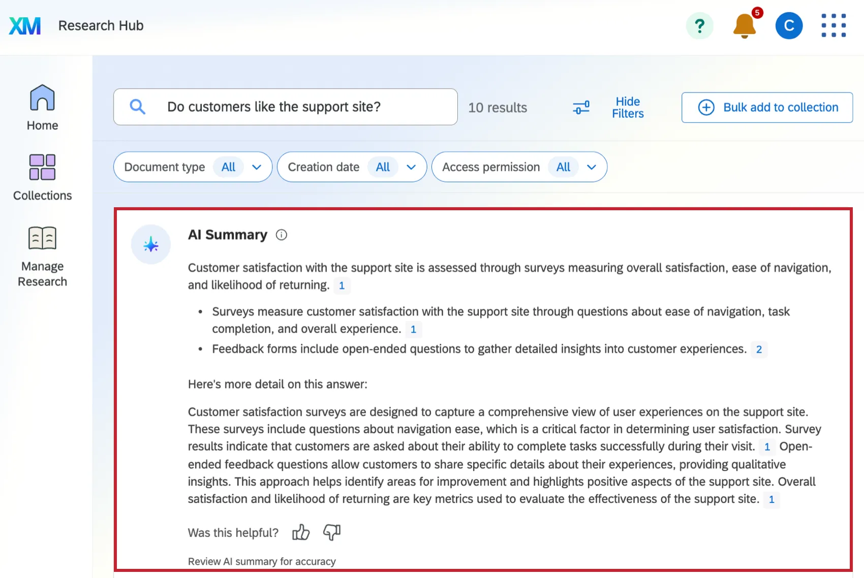 ai summary highlighted underneath the search bar in research hub