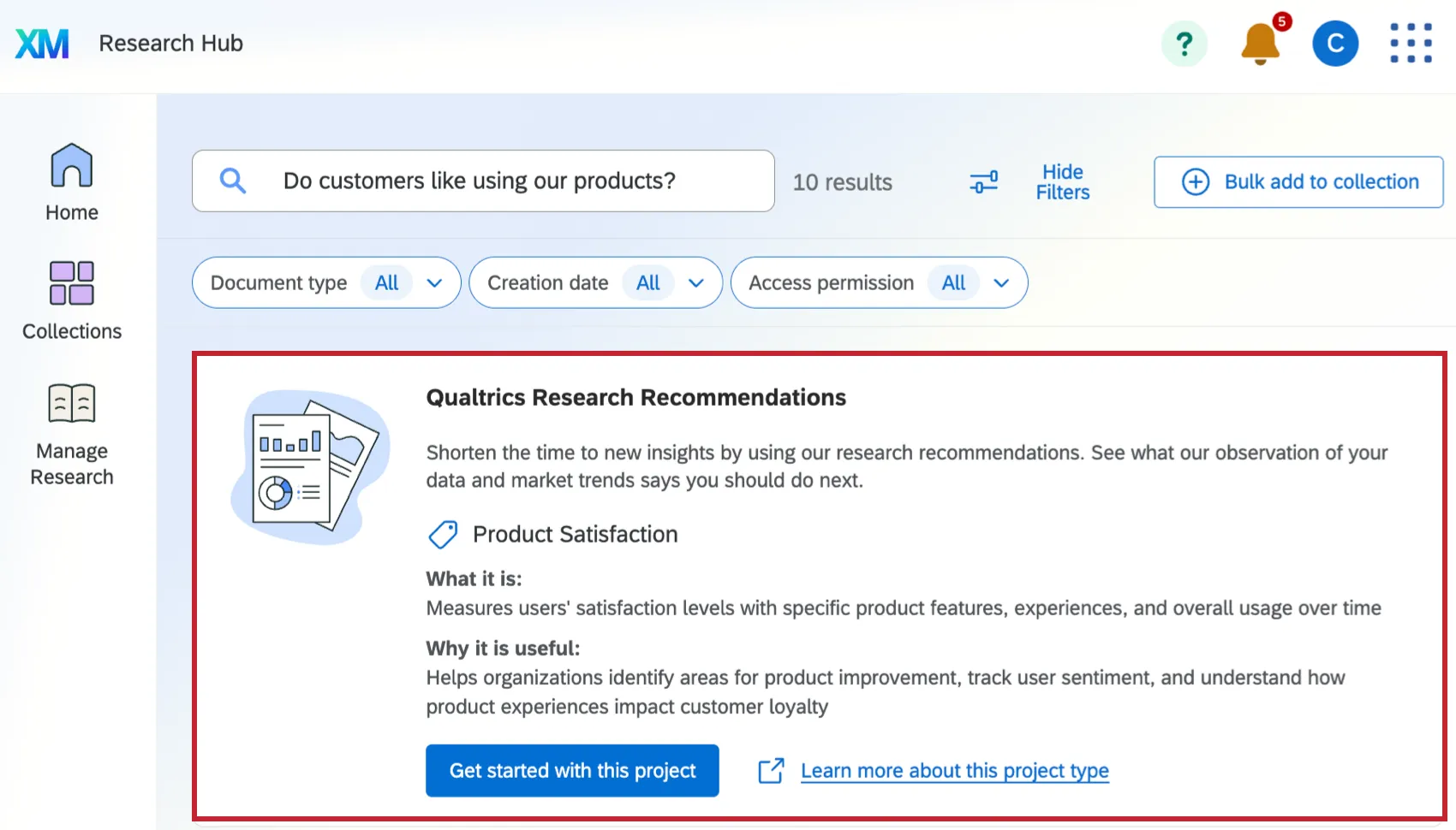 recommendations within research hub highlighted underneath the search bar