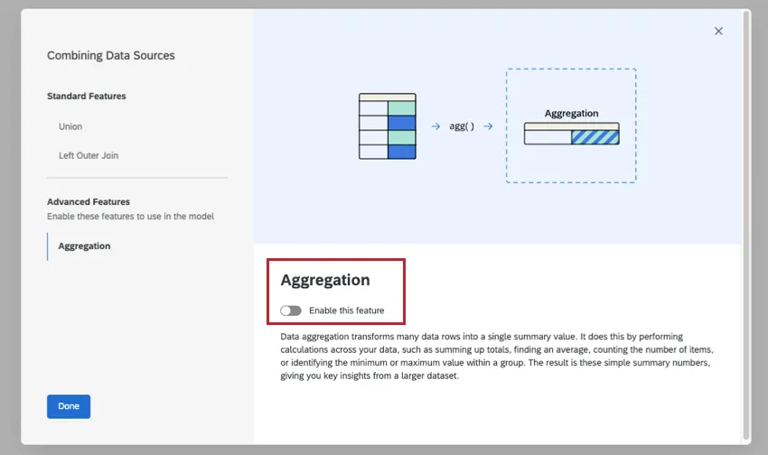 modal open in data modeler explaining aggregation and giving the option to enable it