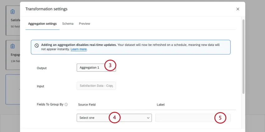 new modal opens where you set output name, source field, and label